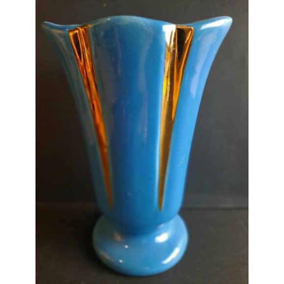 Vintage MCM Flared Blue Vase with Gold Accents | I Love Lucy | Brew Crew - Picture 1 of 14
